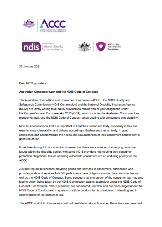 Joint letter from the ACCC, NDIA and NDIS Commission - January 2021 