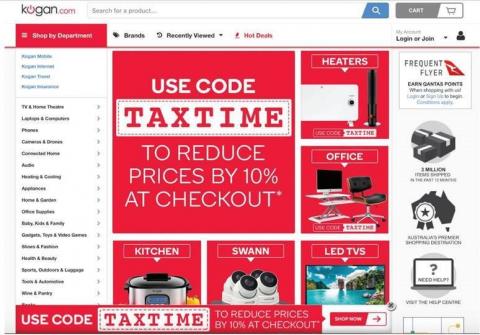 An example of Kogan’s web promotion. Use code taxtime to reduce prices by 10% at checkout.