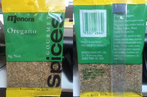 Menora oregano spice packet front and back