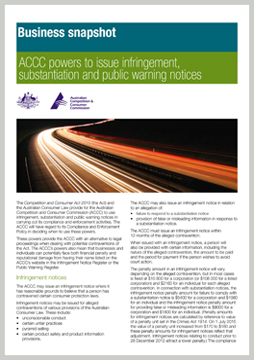 ACCC powers to issue infringement, substantiation and public warning notices cover