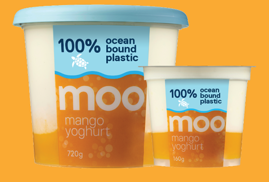 MOO's updated yoghurt packaging with the words 'ocean bound plastic' replacing 'ocean plastic'