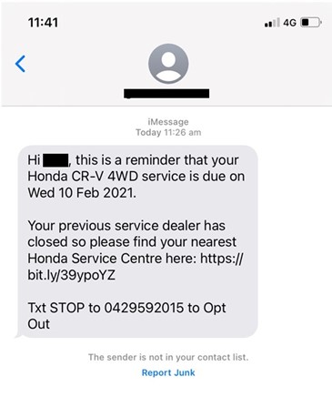 Example of Honda Australia’s text message to Astoria, Tynan and Burswood 