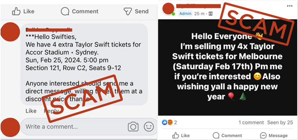 Two examples of Taylor Swift ticketing scams posted on Facebook