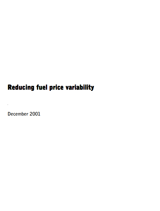 Reducing fuel price variability report: December 2001 cover