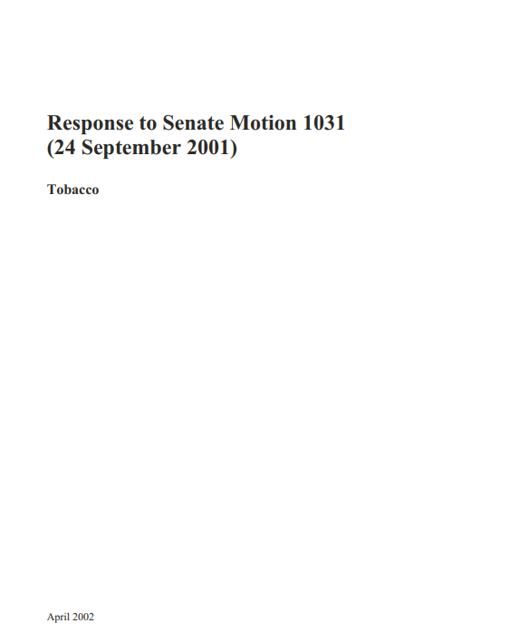 Response to Senate Motion 1031: tobacco cover