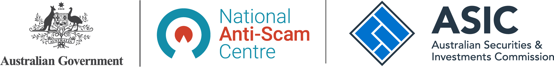 Logos for the Australian Government's National Anti-Scam Centre and Australian Securities and Investments Commission
