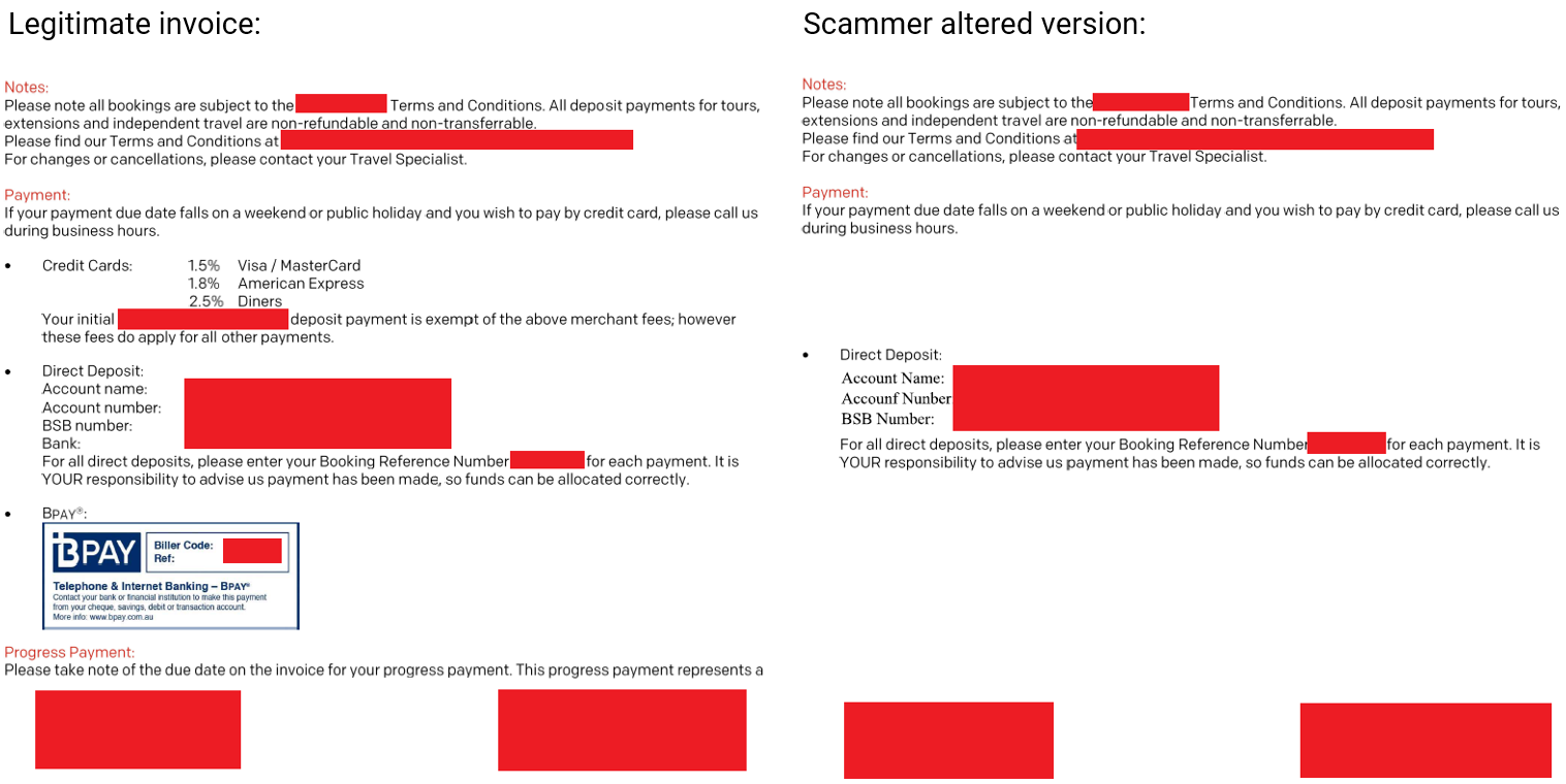 Example of a legitimate business invoice sent to a consumer alongside a scammer altered version of the invoice.