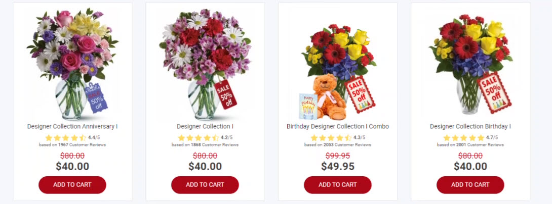 Example Products showing Star Ratings, Purchase Price, and Strikethrough Price, ‘50% off’ and ‘Half Price’ statements