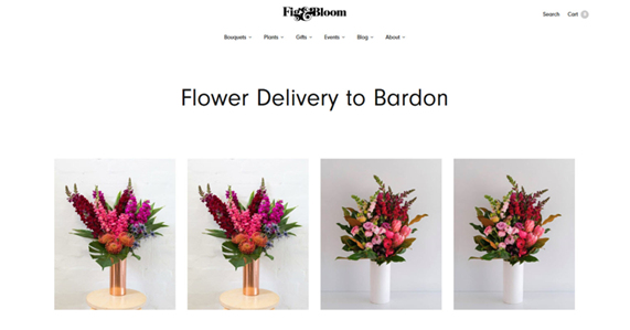 Image from the Fig & Bloom website reads “Flower delivery to Bardon” and “Fig & Bloom is a family-owned local florist in Bardon”