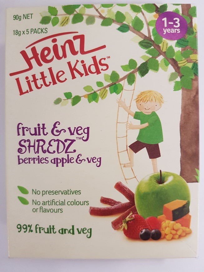 Heinz Little Kids fruit and veg shredz berries apple and veg tin wrapping.