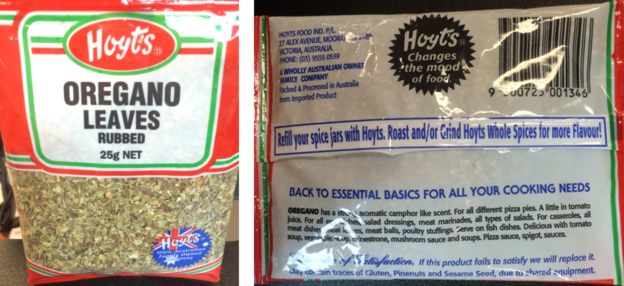 Front and back of Hoyts oregano leaves package