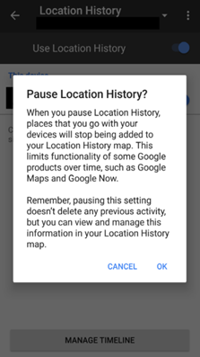 The image shows a statement shown to consumers who used their Android mobile device to turn off (or “pause”) the Location History setting between early 2017 and late 2018: