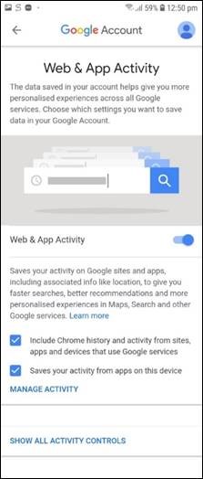 This image shows a statement shown to consumers who accessed the Web and App Activity setting from late 2018.