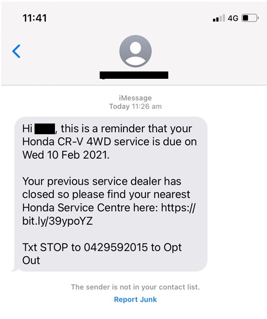 Image of text message from Honda