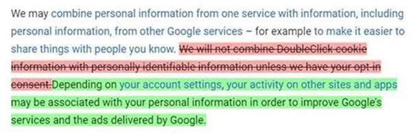 A screenshot of the relevant changes to Google’s Privacy Policy made on 28 June 2016