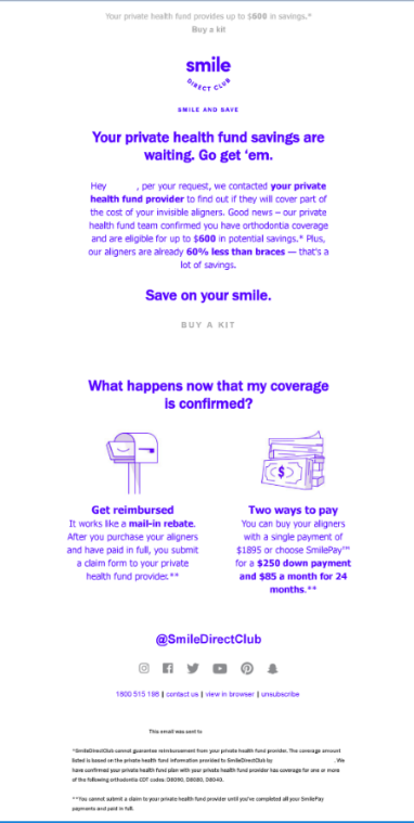 Example of SmileDirectClub "Good News" email