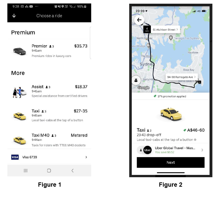 Example of Uber app screenshots showing the Taxi option and fare estimate range