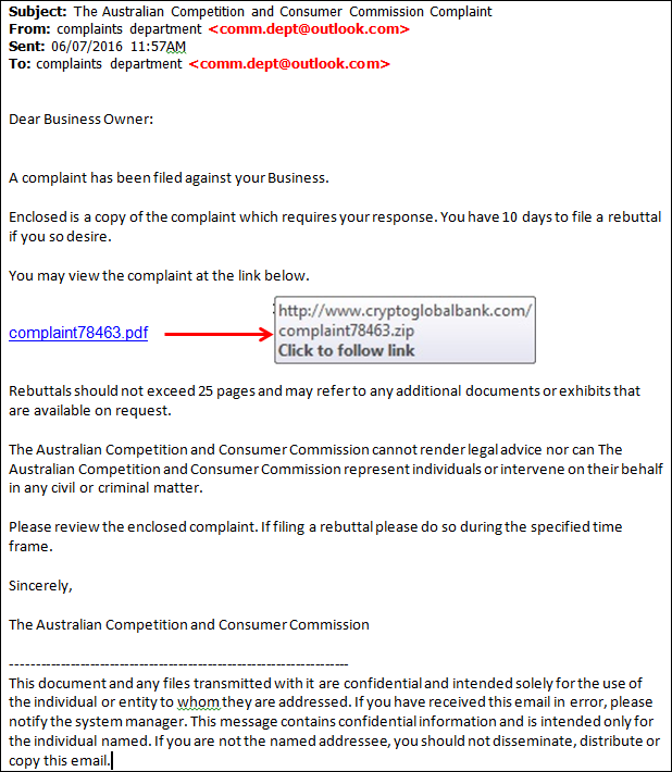 Example of a scam email claiming to be from the ACCC