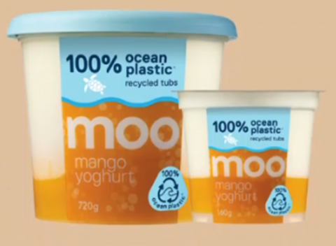 Packaging of MOO's yoghurt containers showing the words 'ocean plastic' recycled tubs