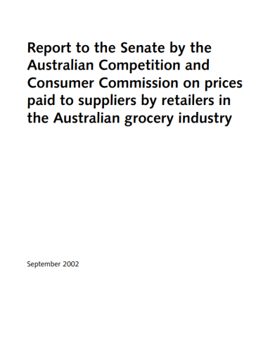 Report to the Senate on prices paid to suppliers by retailers cover