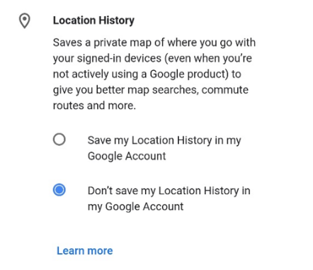 The image shows a version of the description of the Location History and Web & App Activity settings shown to consumers setting up a Google Account on their Android mobile device between 30 April 2018 and 19 December 2018.