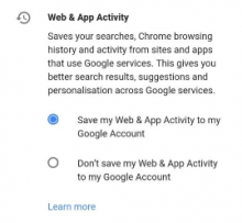 web & app activities settings page