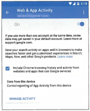 Web and app activity setting page